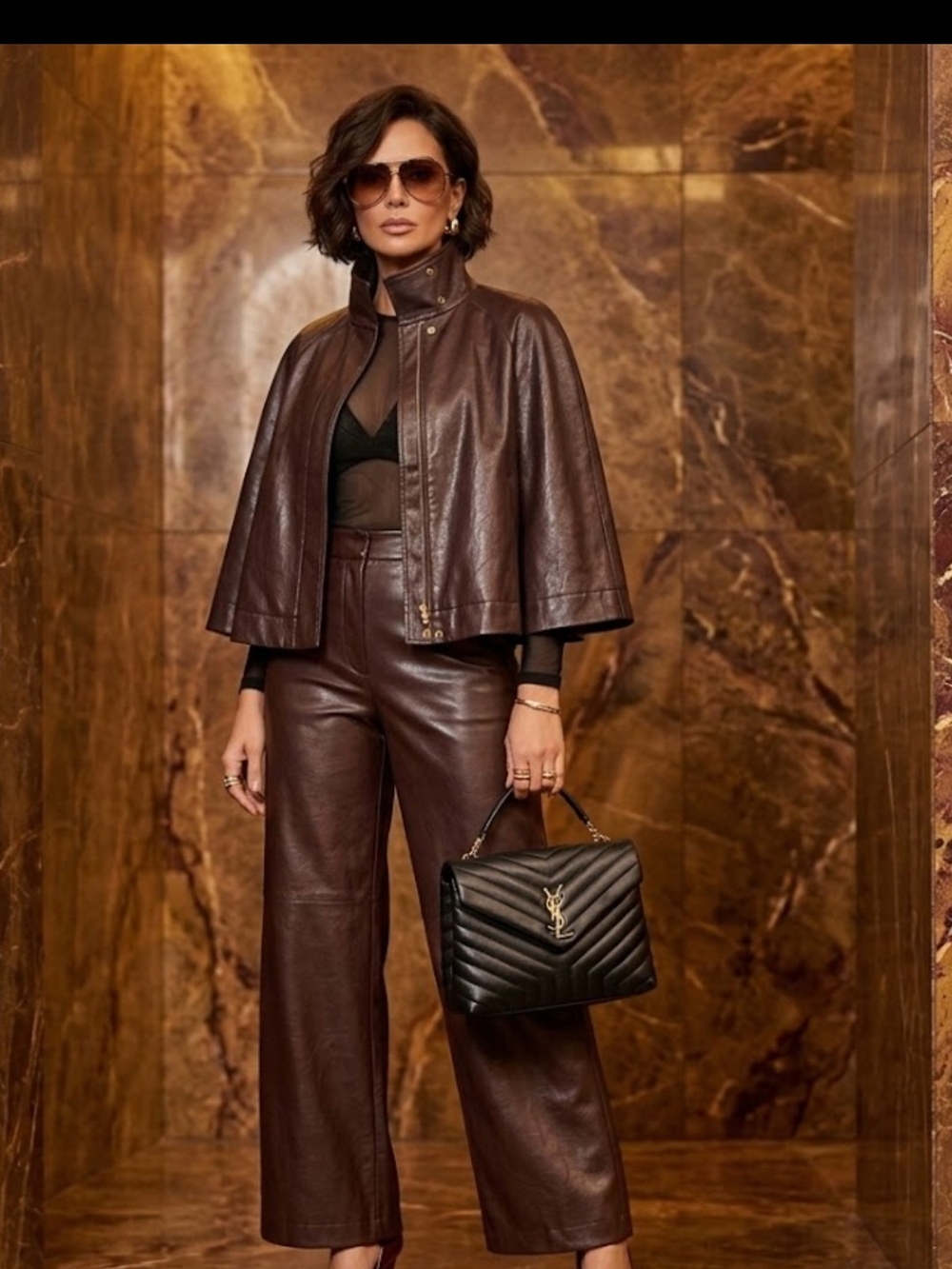 2 Women's Brown Faux Leather Cape Jacket - Brown